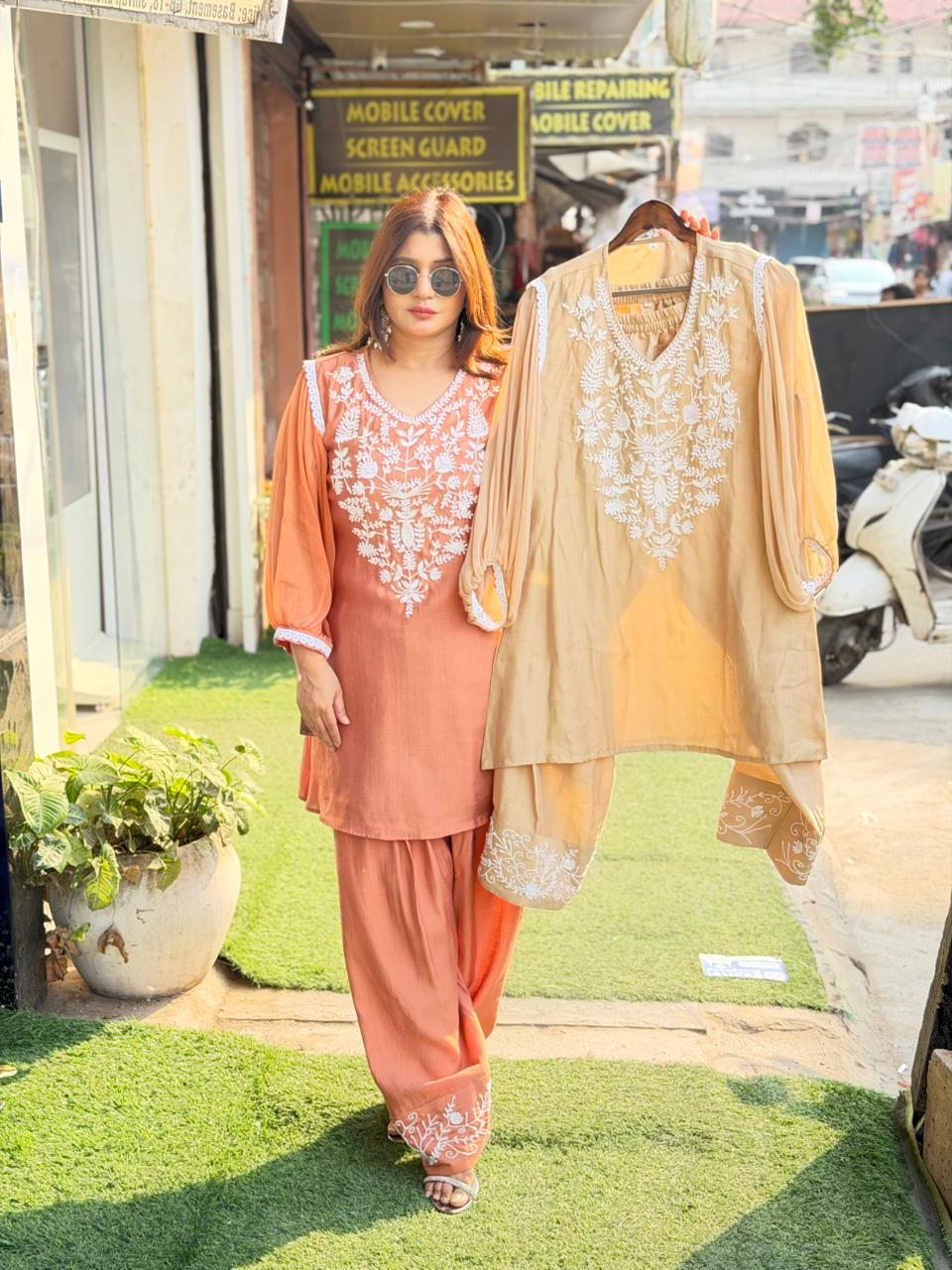 chiffon sleeves coord set with handwork