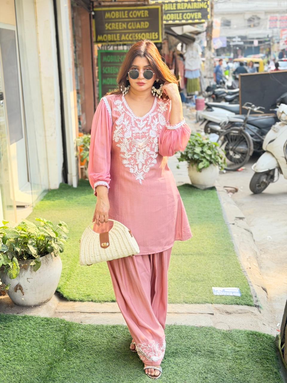chiffon sleeves coord set with handwork