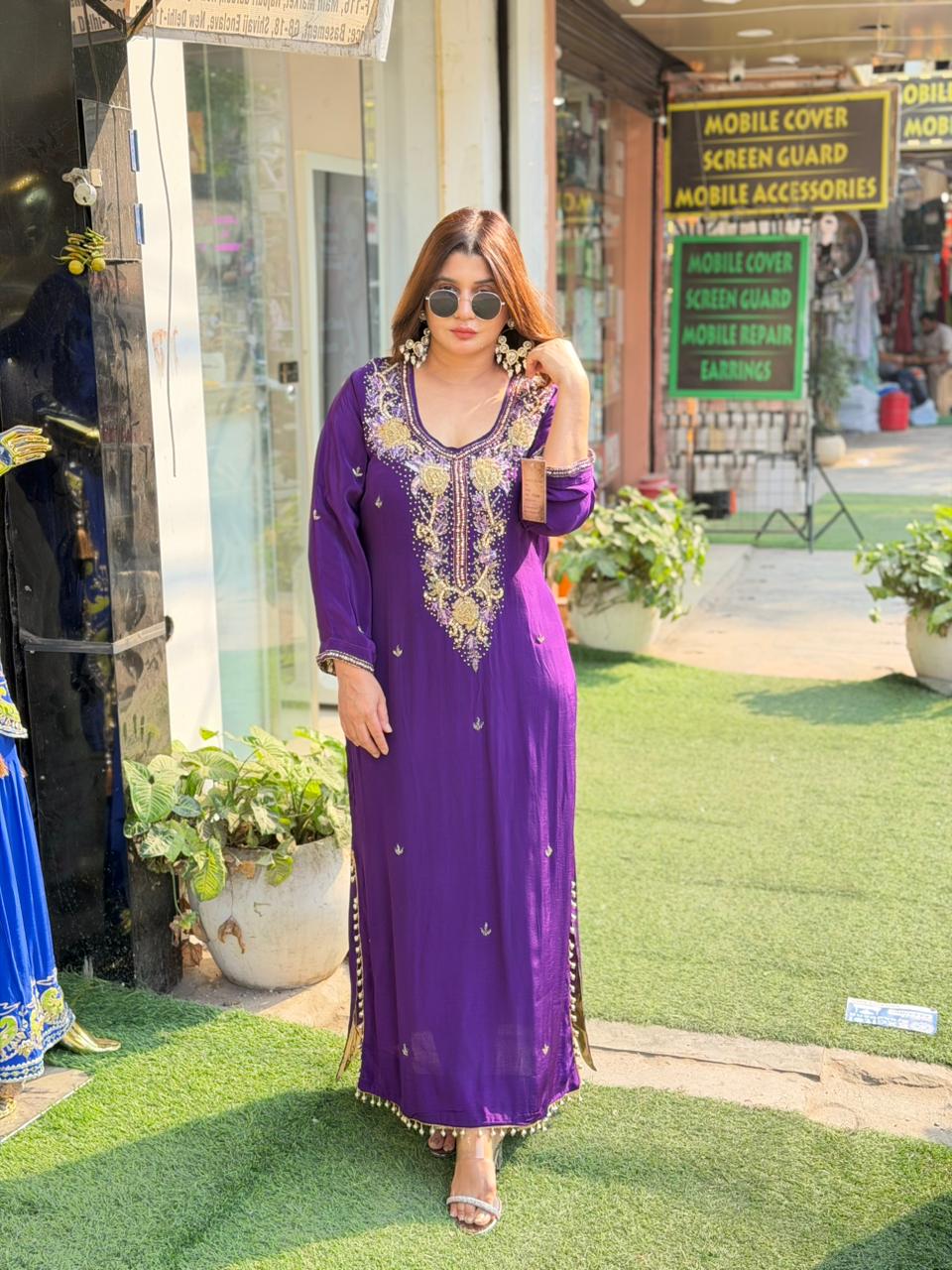 natural crepe Long Dress with handwork