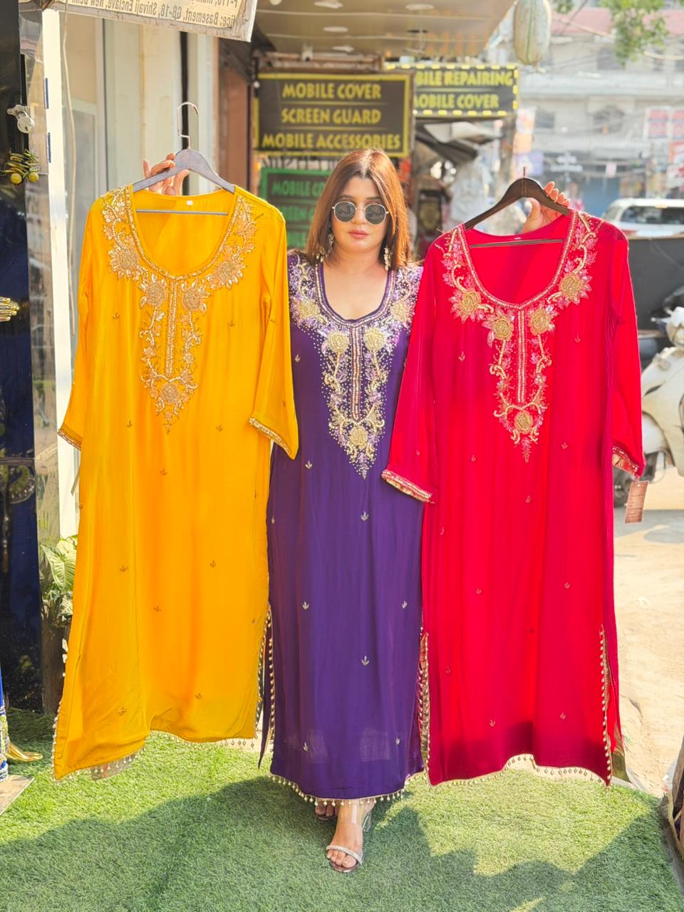 natural crepe Long Dress with handwork