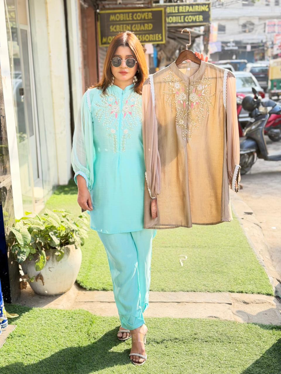 chiffon sleeves coord set with handwork