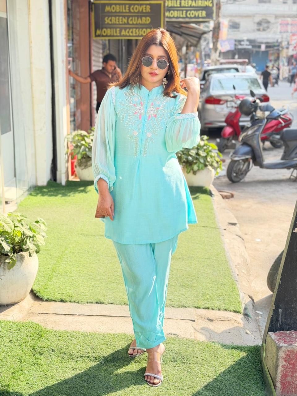 chiffon sleeves coord set with handwork