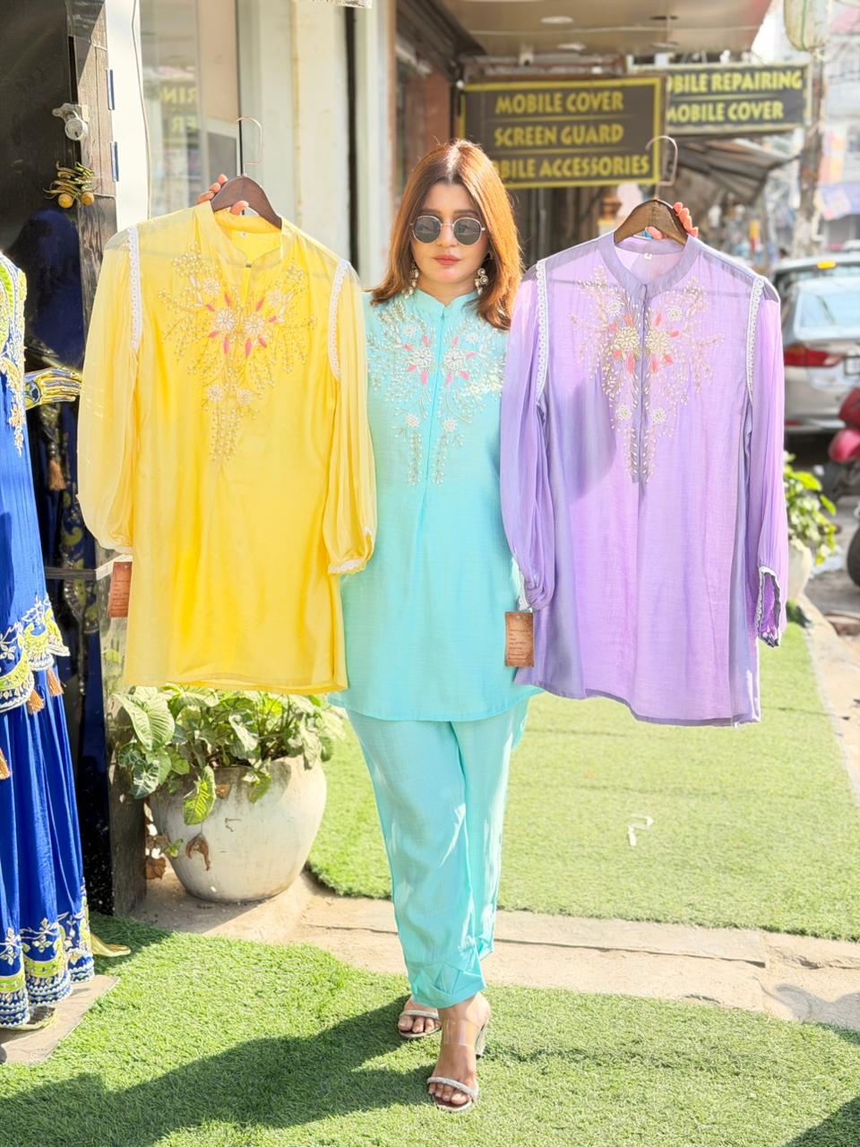 chiffon sleeves coord set with handwork