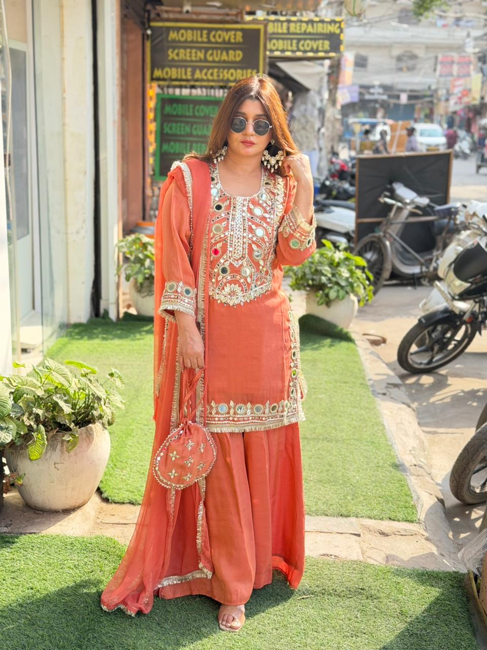 Tissue shimmer coord  with original mirror work and potli