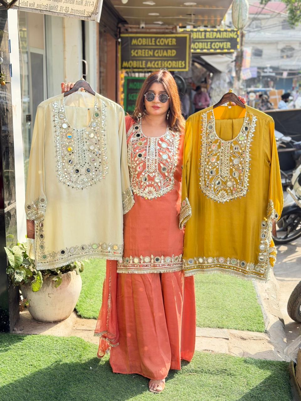 Tissue shimmer coord  with original mirror work and potli