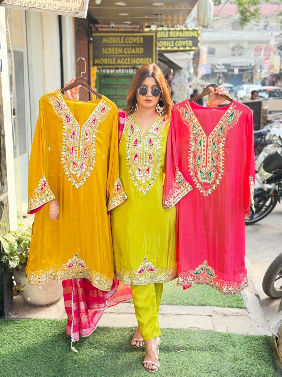 Tissue shimmer coord  with original mirror work and dupatta