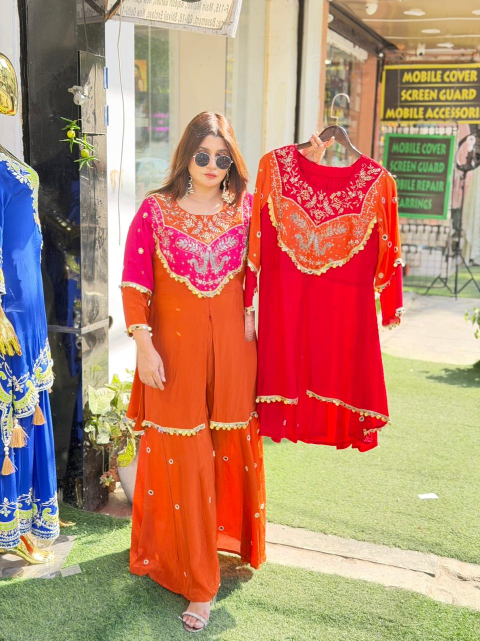 Short shirt crepe coord with original mirror work and sharara