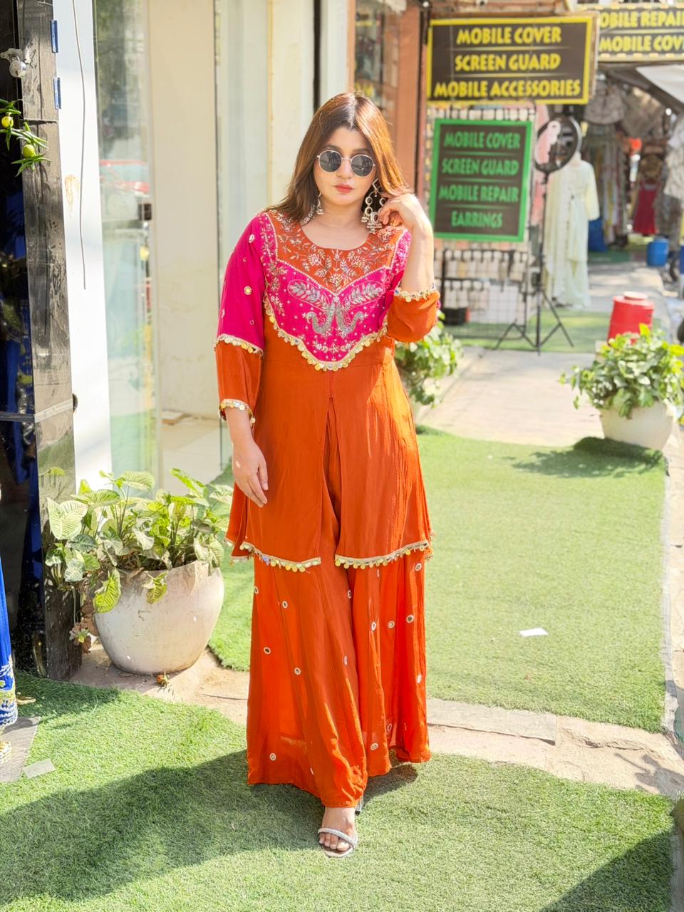 Short shirt crepe coord with original mirror work and sharara
