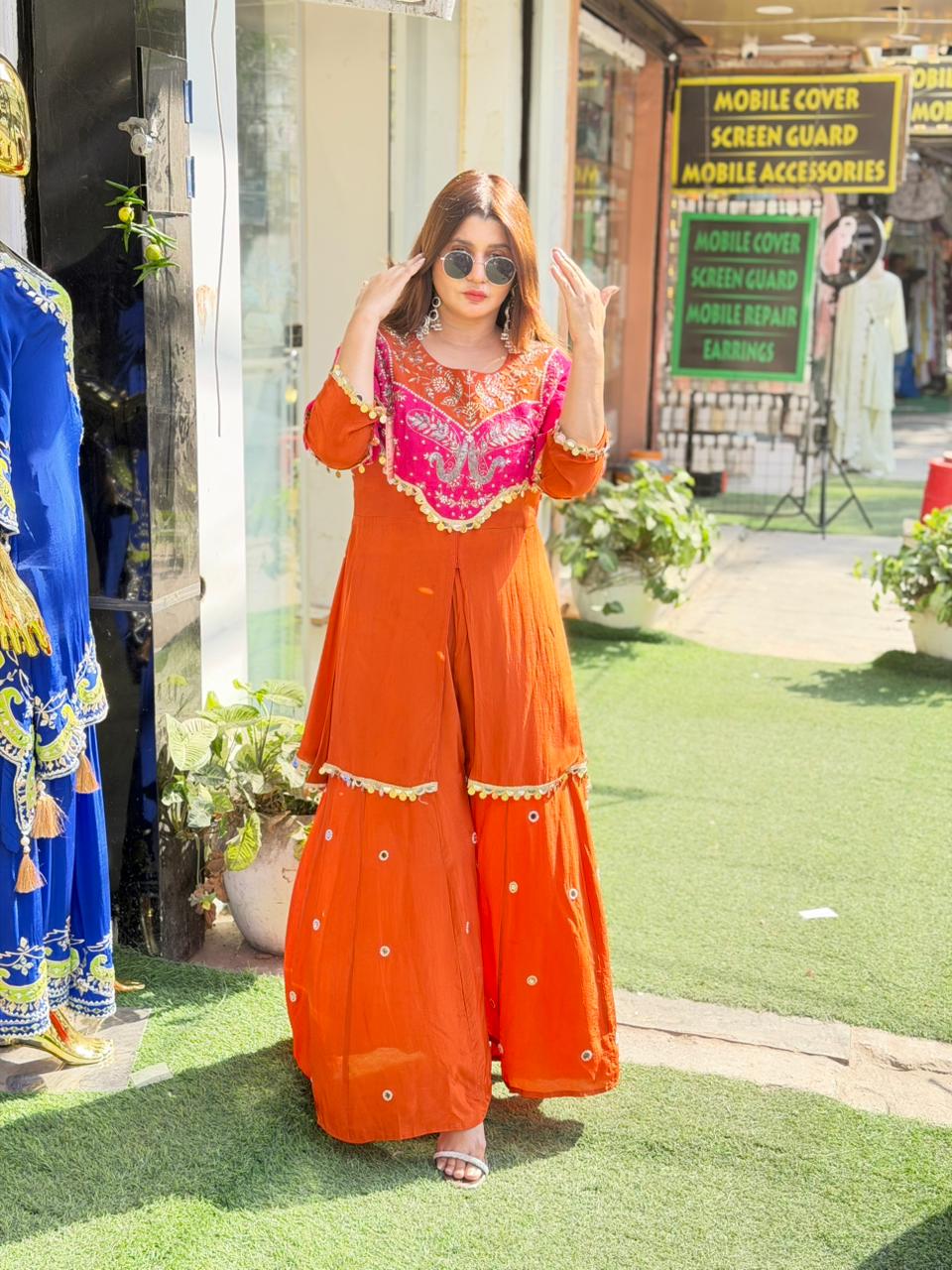 Short shirt crepe coord with original mirror work and sharara