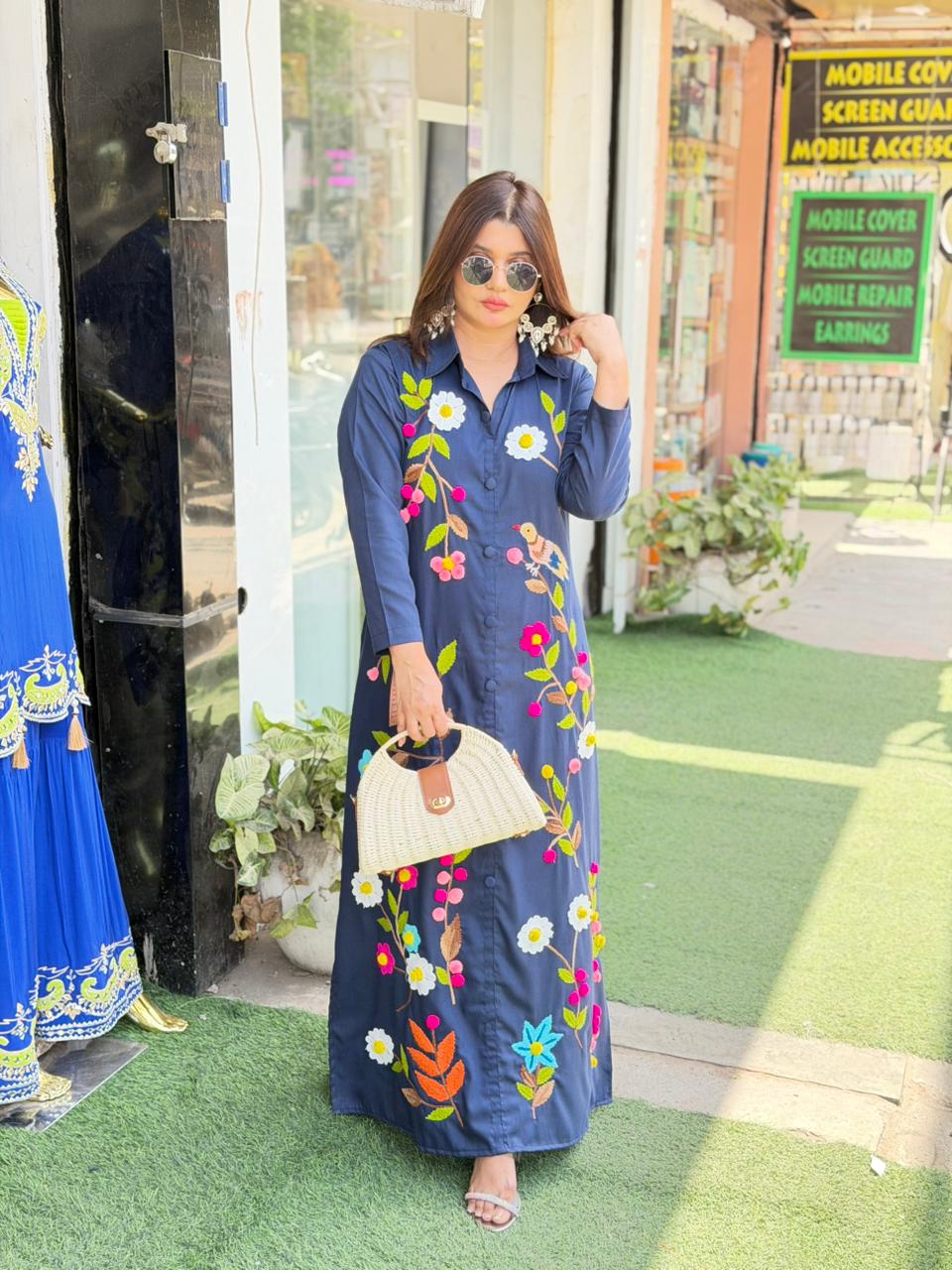 Denim Long Dress with embroidery