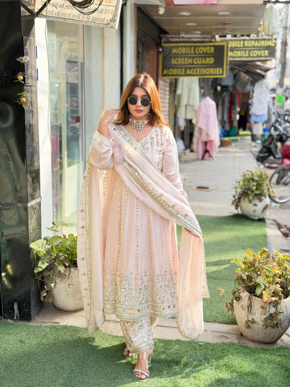 Embellished pink anarkali with gotta and mirror work