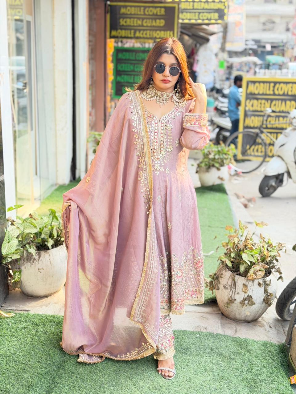 Anarkali with tulip pants embellished with gottaa