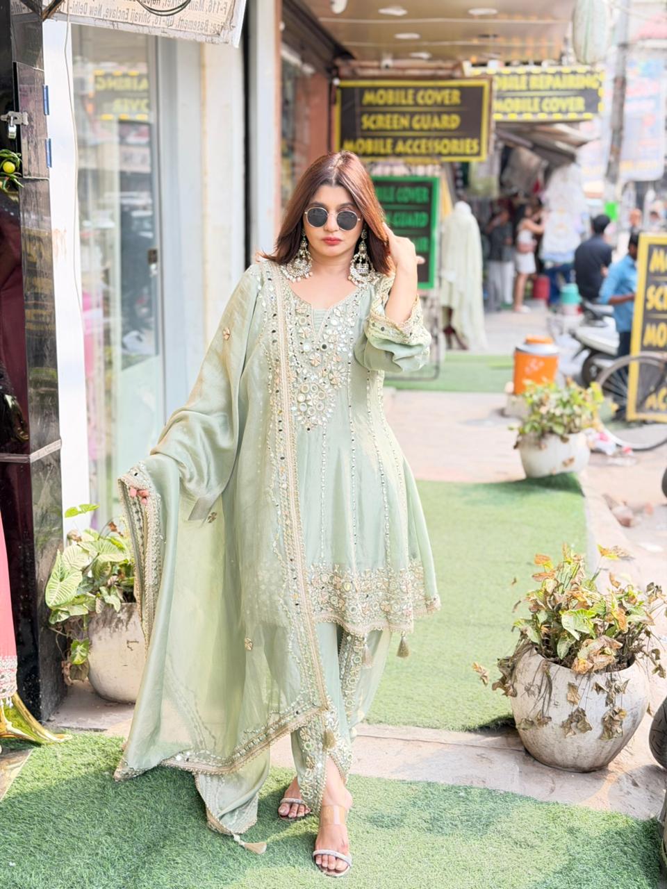 Anarkali with tulip pants embellished with gotta and mirror work