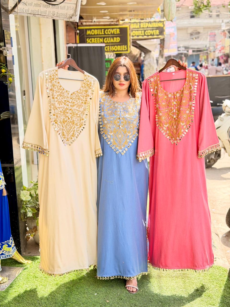 Denim Long Dress with embroidery