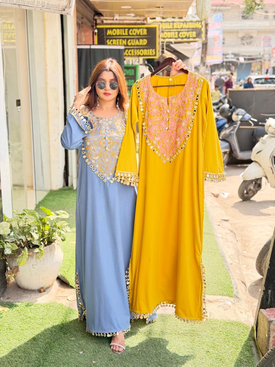 Denim Long Dress with embroidery