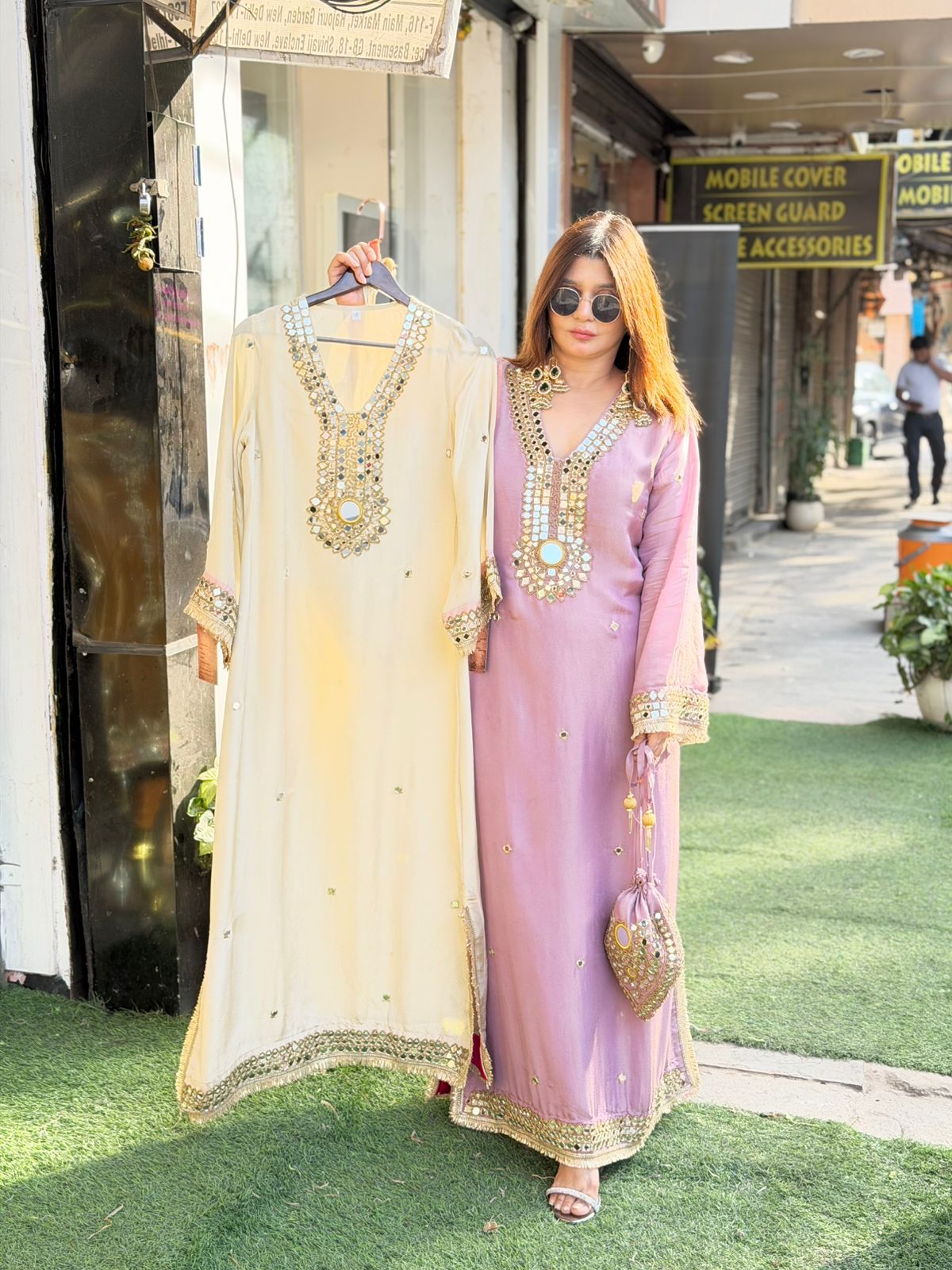 Pure Tissue Shimmer Long Dress with Real Mirror Work