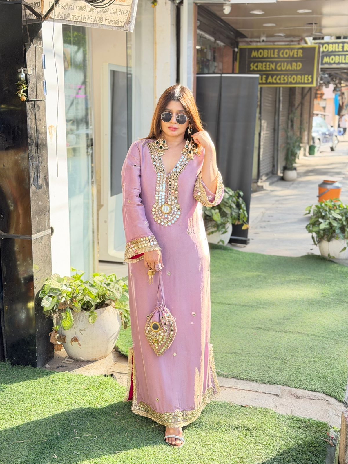 Pure Tissue Shimmer Long Dress with Real Mirror Work