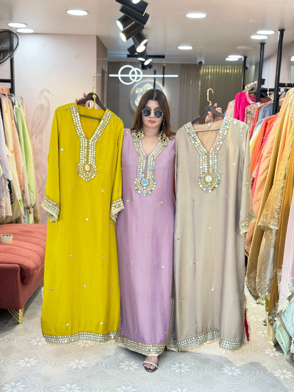 Pure Tissue Shimmer Long Dress with Real Mirror Work