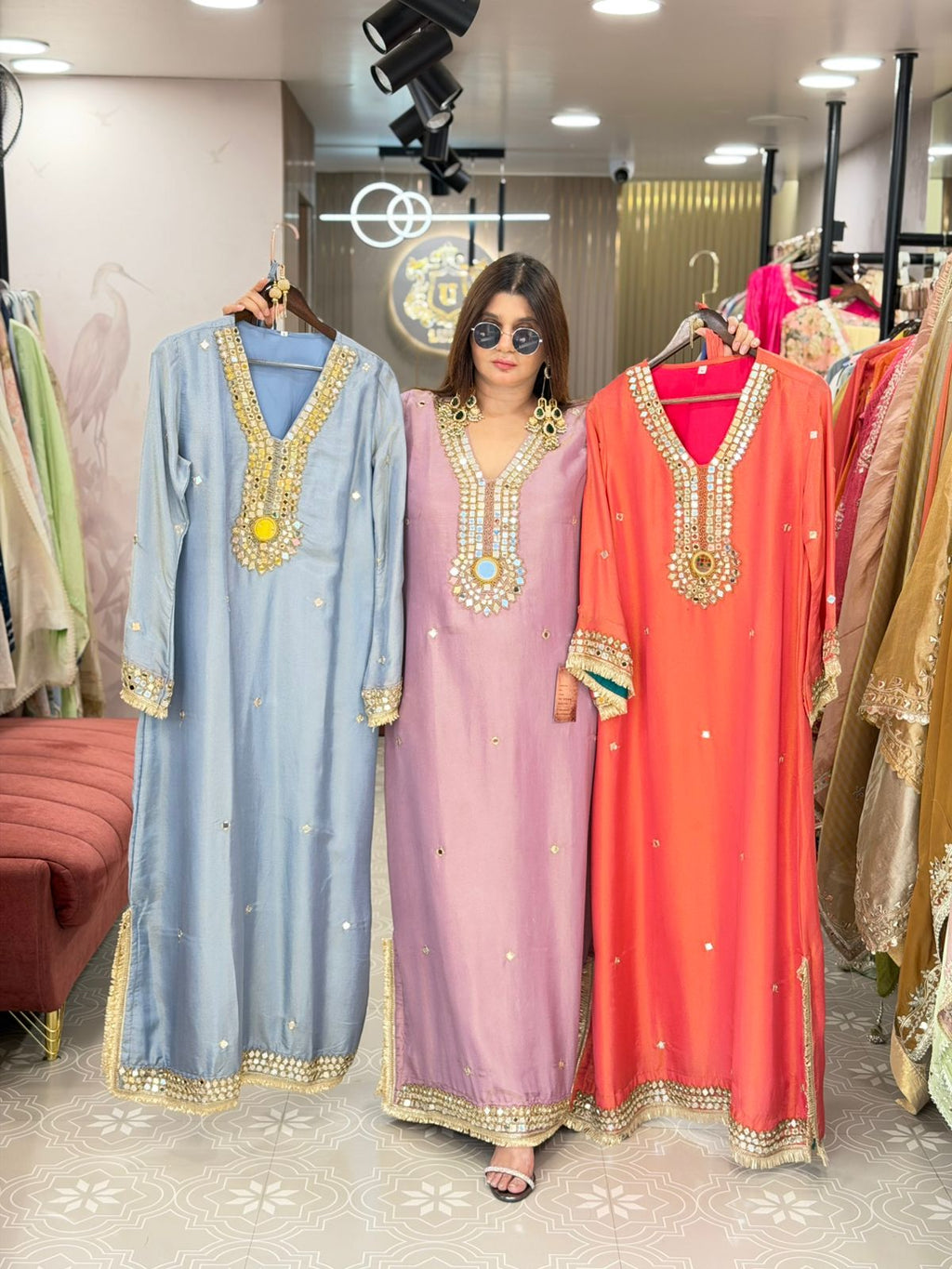 Pure Tissue Shimmer Long Dress with Real Mirror Work