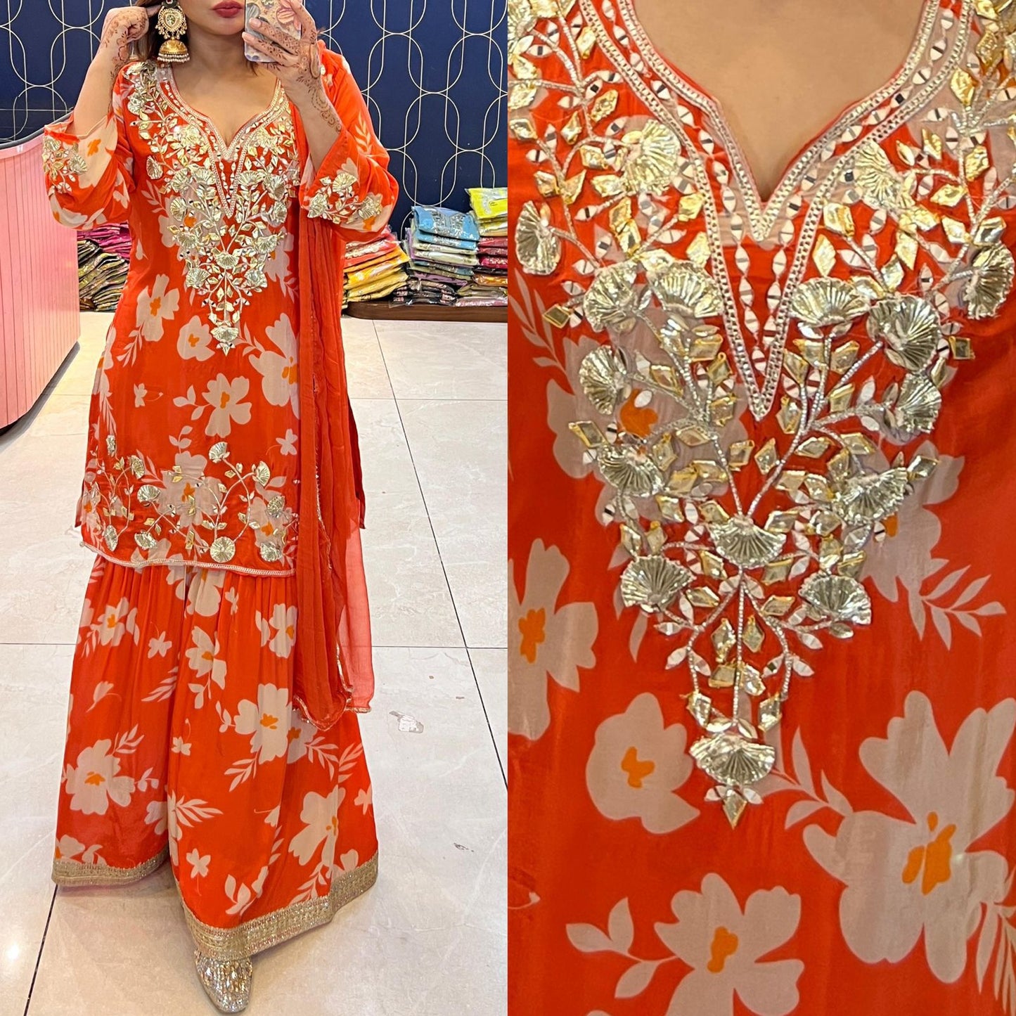 Article 1831 – Pure Crepe Fabric Sharara Suit with Dupatta & Gota Patti Work | Sizes 40–46