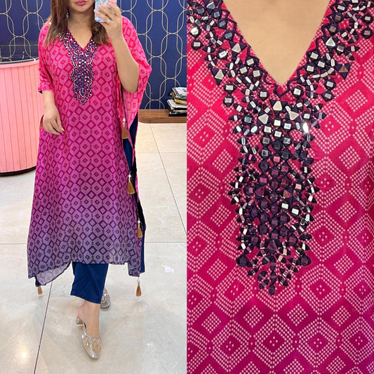 Article 1596 – Pure Crepe Bandhani Ombre Kaftan | Sizes L to 3XL