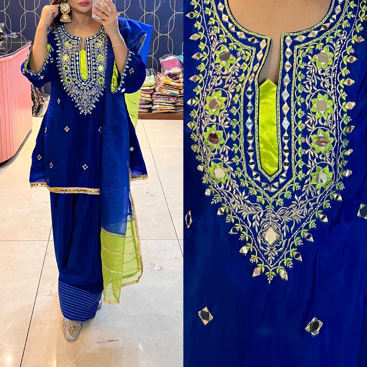 Article 1911 – Pure Crepe Farshi Salwar Suit With Two-Tone Organza Dupatta & Mirror Work