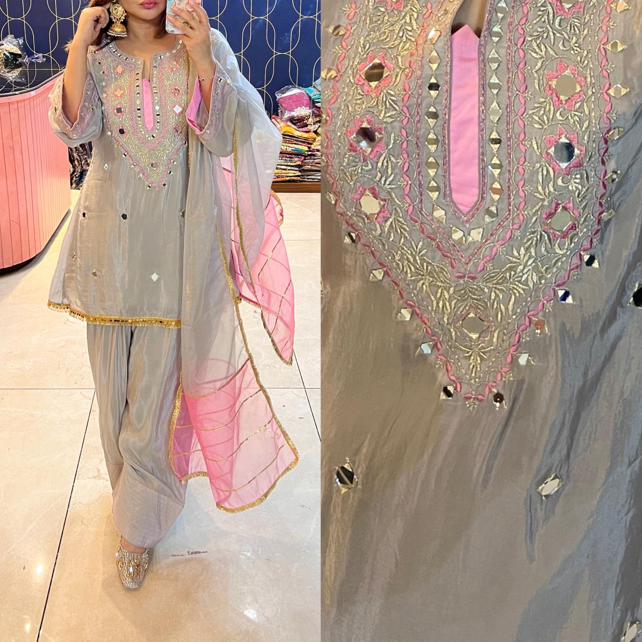 Article 1911 – Pure Crepe Farshi Salwar Suit With Two-Tone Organza Dupatta & Mirror Work
