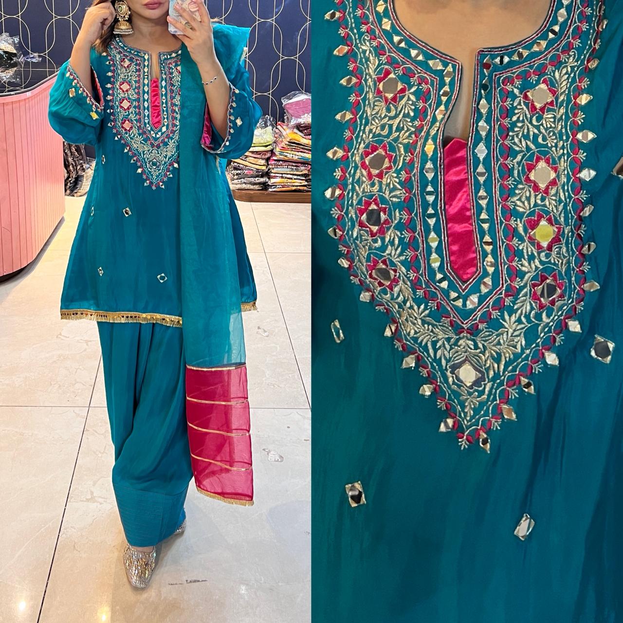 Article 1911 – Pure Crepe Farshi Salwar Suit With Two-Tone Organza Dupatta & Mirror Work