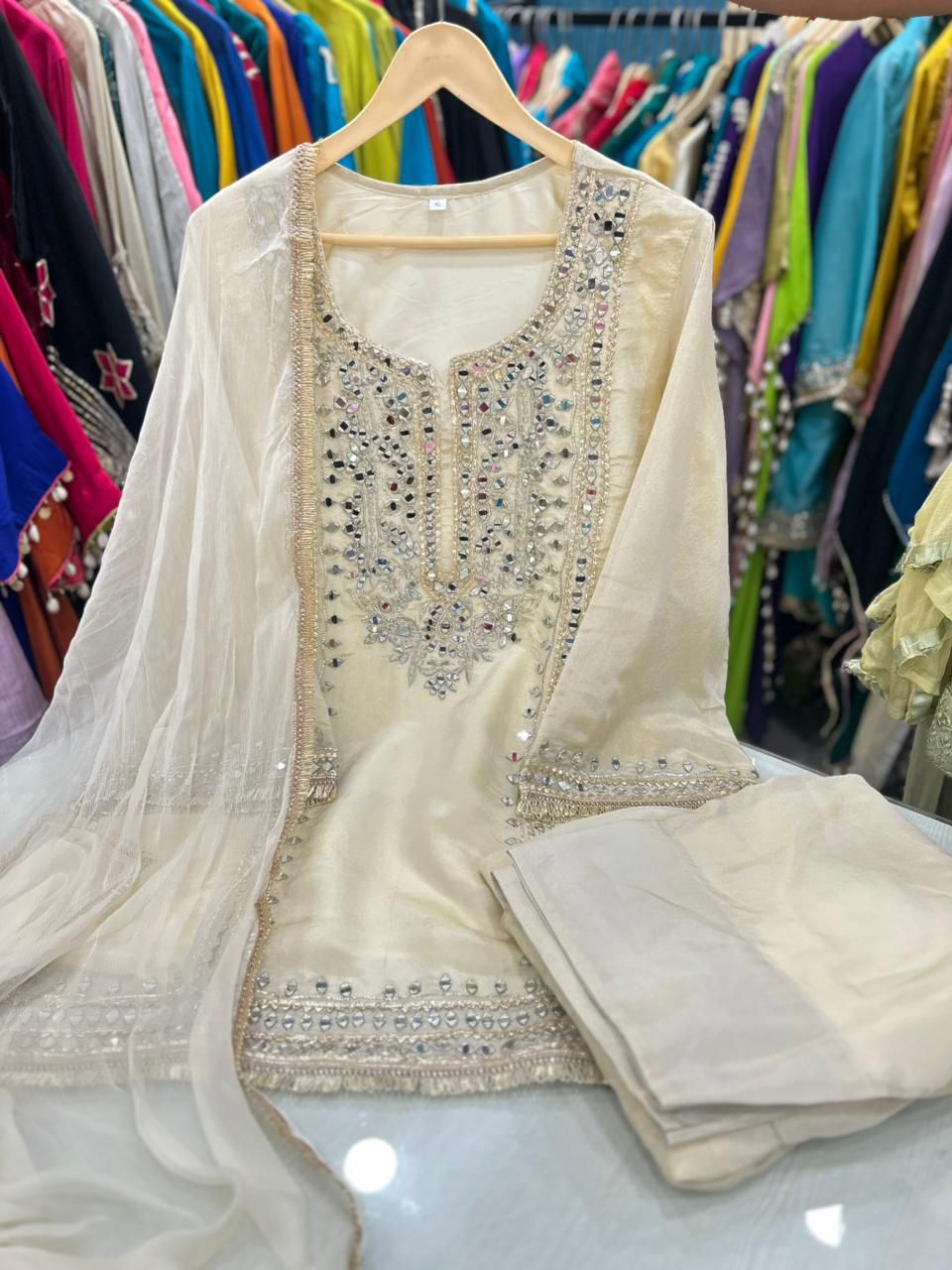 Article 1915 – Pure Glass Tissue Fabric Farshi Salwar Suit with Chiffon Dupatta & Mirror Work | Sizes 40–46