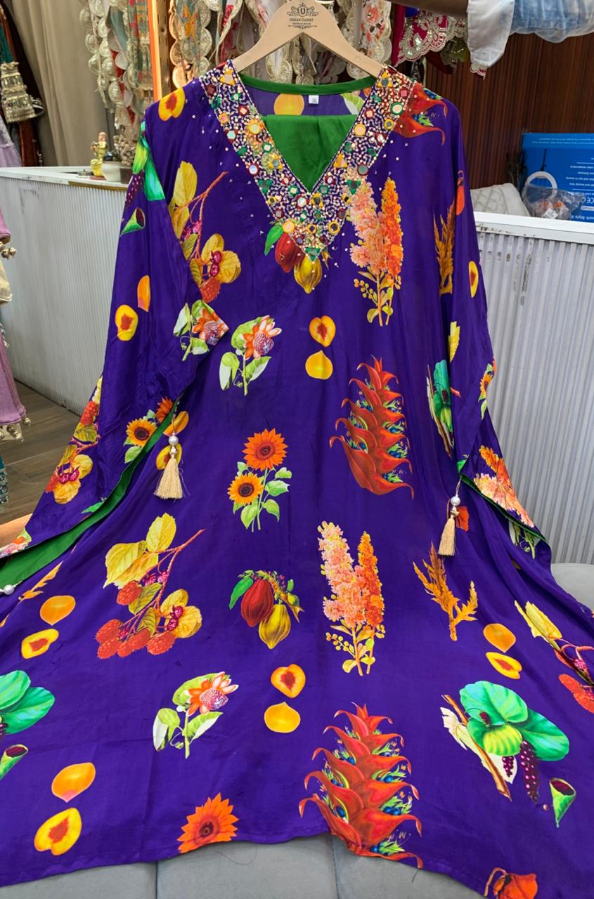 Article 1596 – Digital Printed Kaftan With Handwork, Sequins & Real Mirror Embroidery