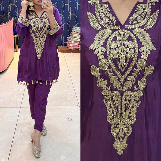 Article 1704 – Pure Crepe Embroidered Co-ord Set with Tassels | Sizes 40–46