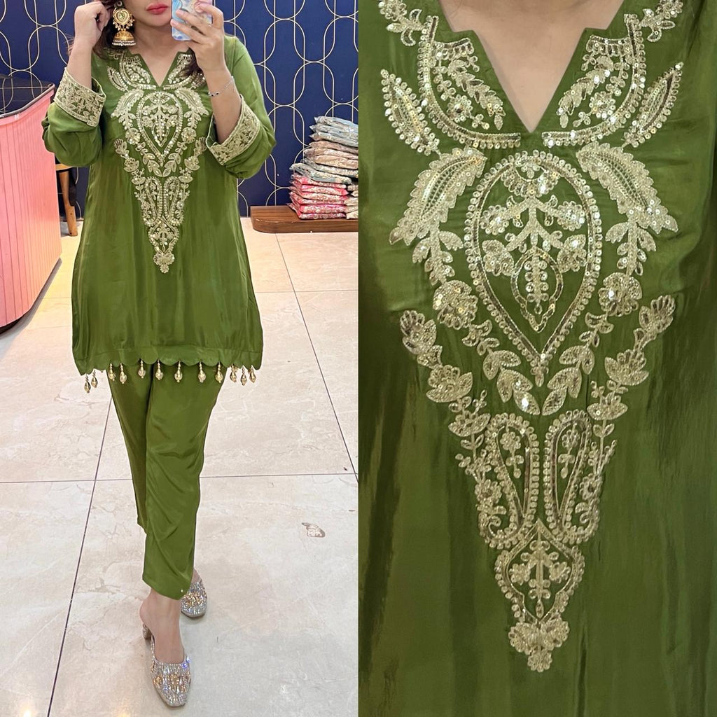 Article 1704 – Pure Crepe Embroidered Co-ord Set with Tassels | Sizes 40–46