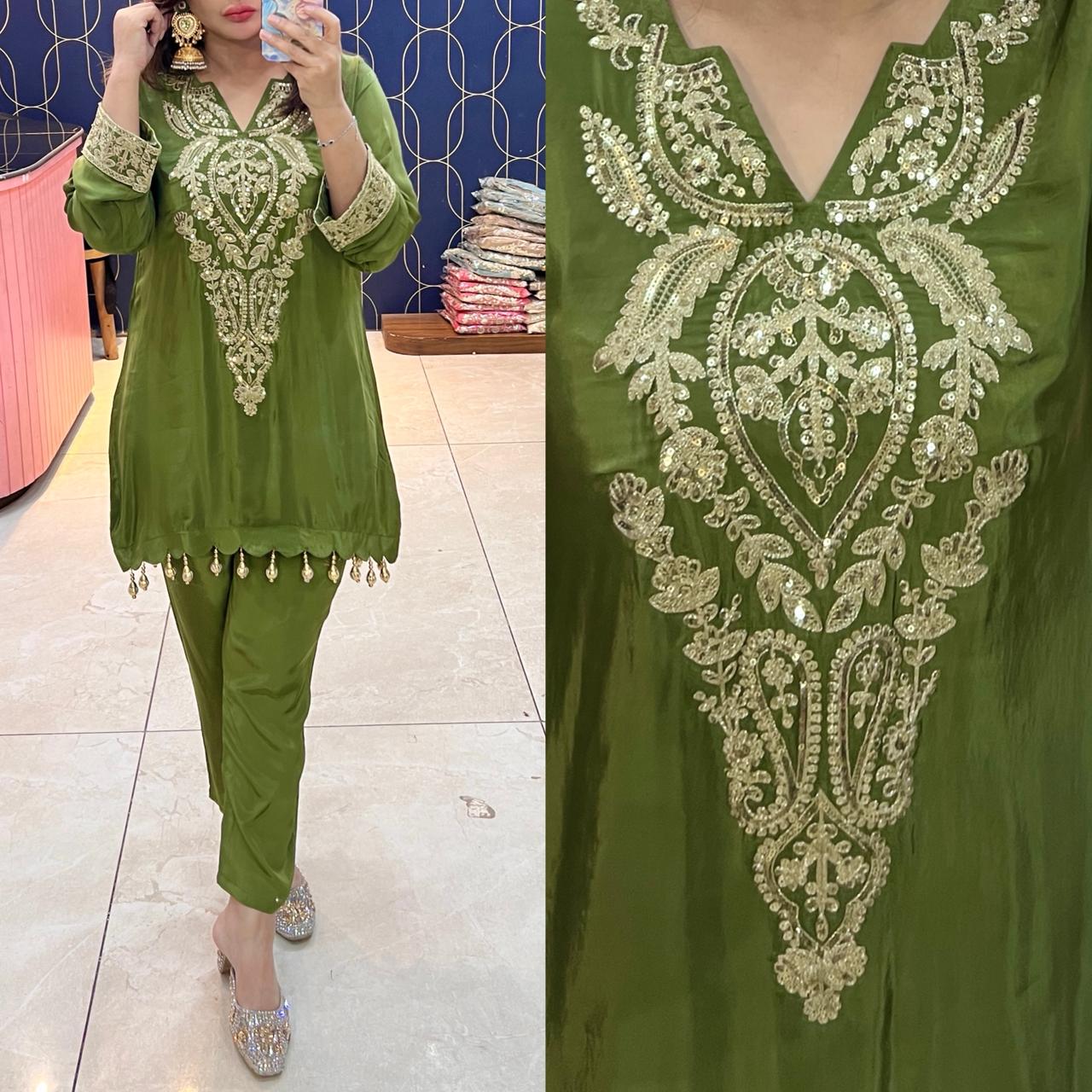 Article 1704 – Pure Crepe Embroidered Co-ord Set with Tassels | Sizes 40–46