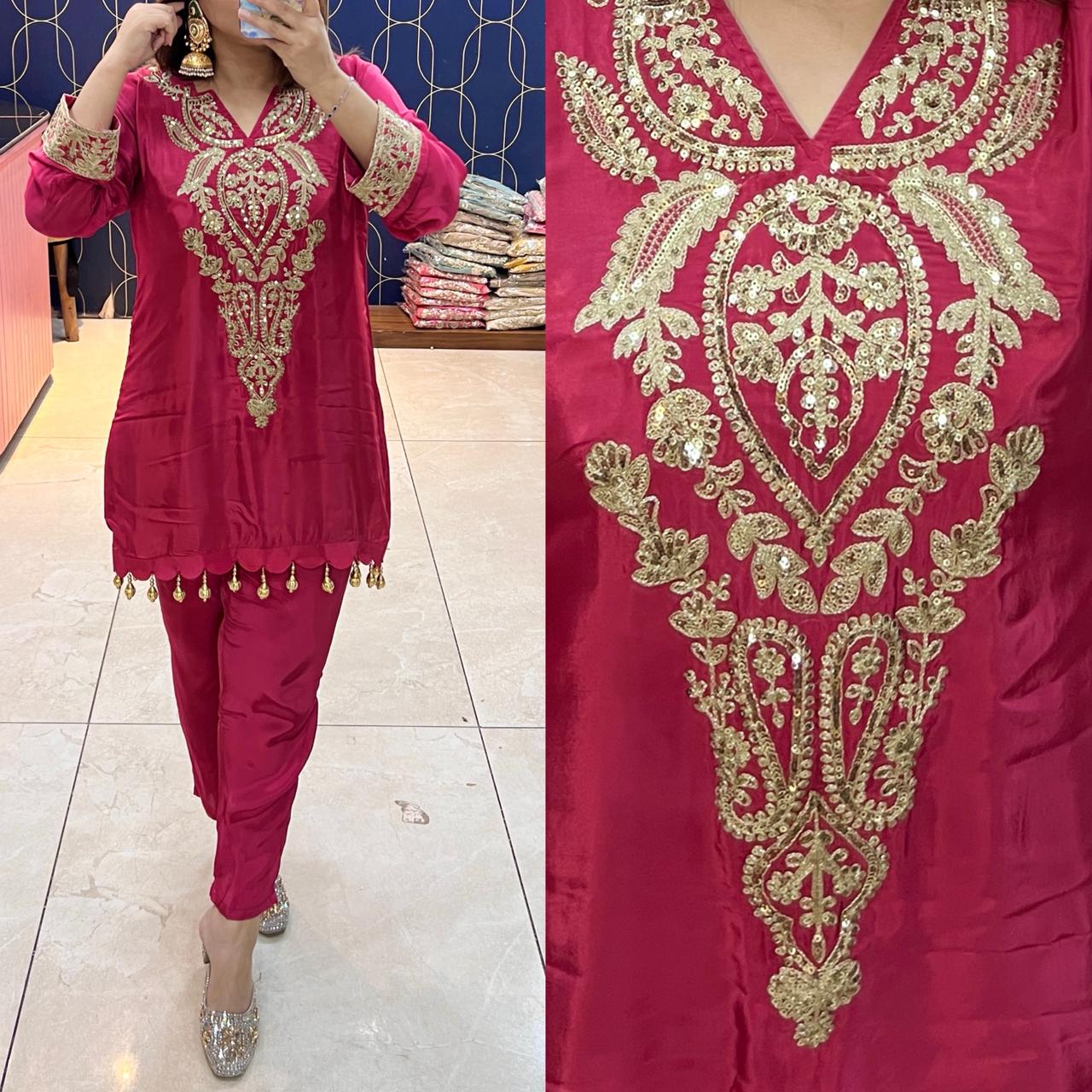 Article 1704 – Pure Crepe Embroidered Co-ord Set with Tassels | Sizes 40–46