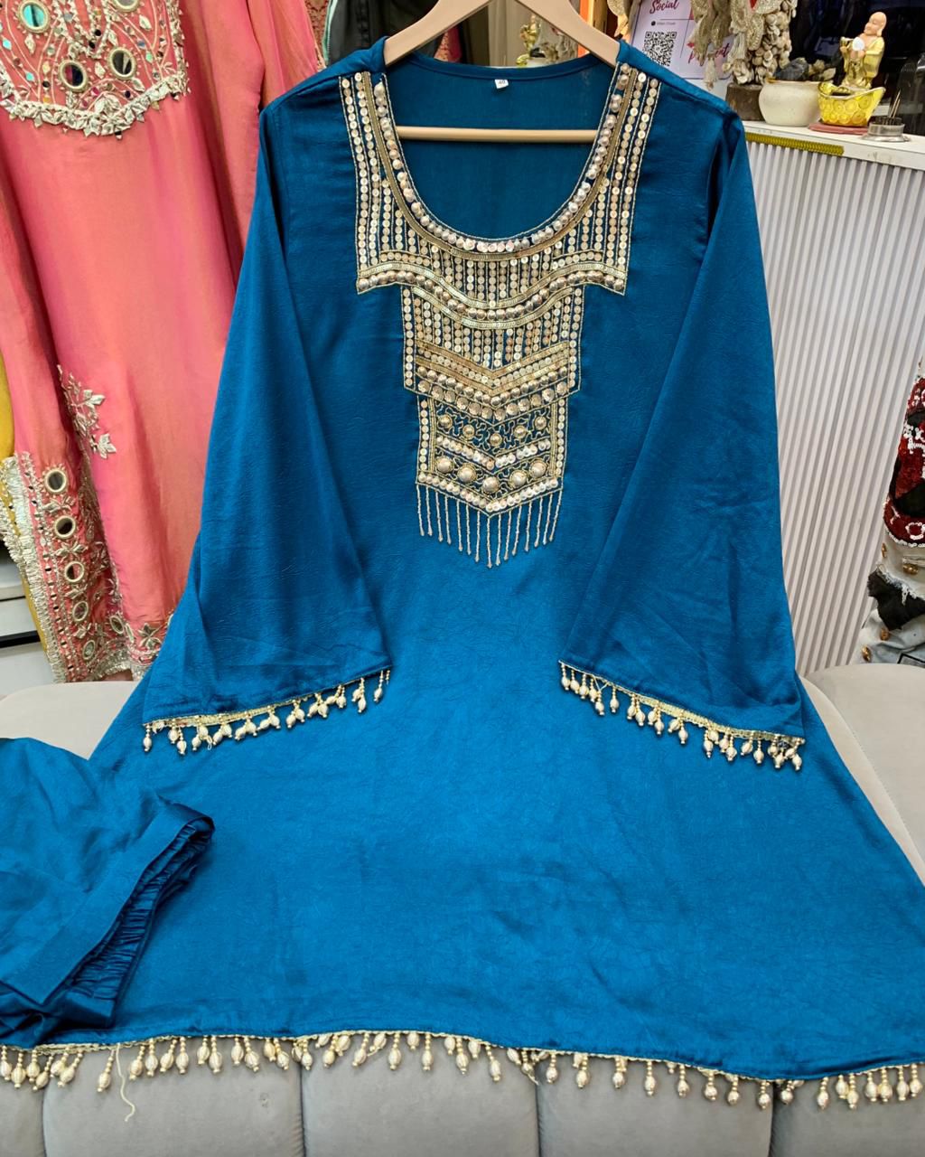 Article 1873– Imported Crush Fabric Co-ord Set with Elegant Handwork | Sizes 40–46