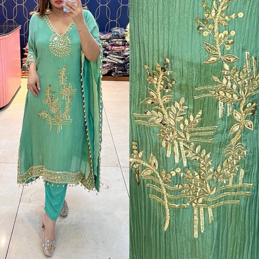 Article 1470 – Crush Tissue Kaftan With Real Mirror Embroidery & Straight Pant