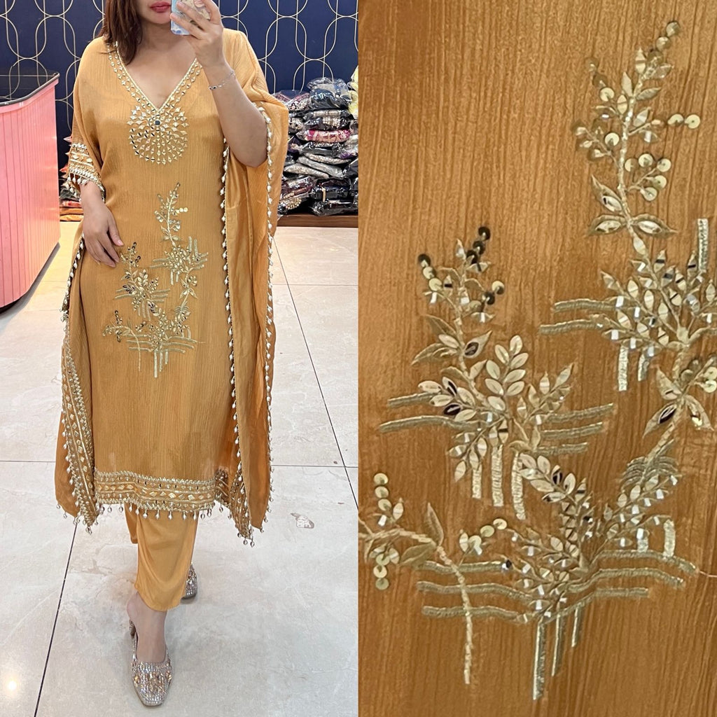 Article 1470 – Crush Tissue Kaftan With Real Mirror Embroidery & Straight Pant