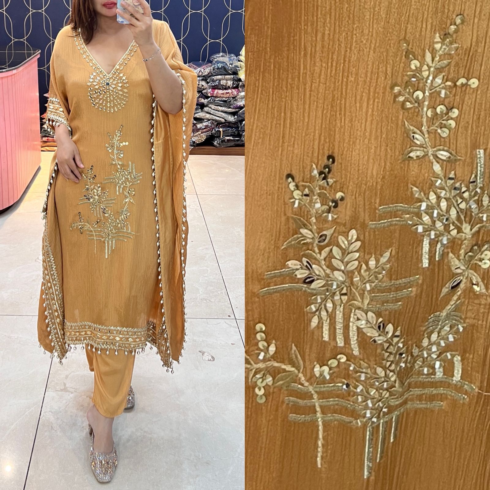 Article 1470 – Crush Tissue Kaftan With Real Mirror Embroidery & Straight Pant