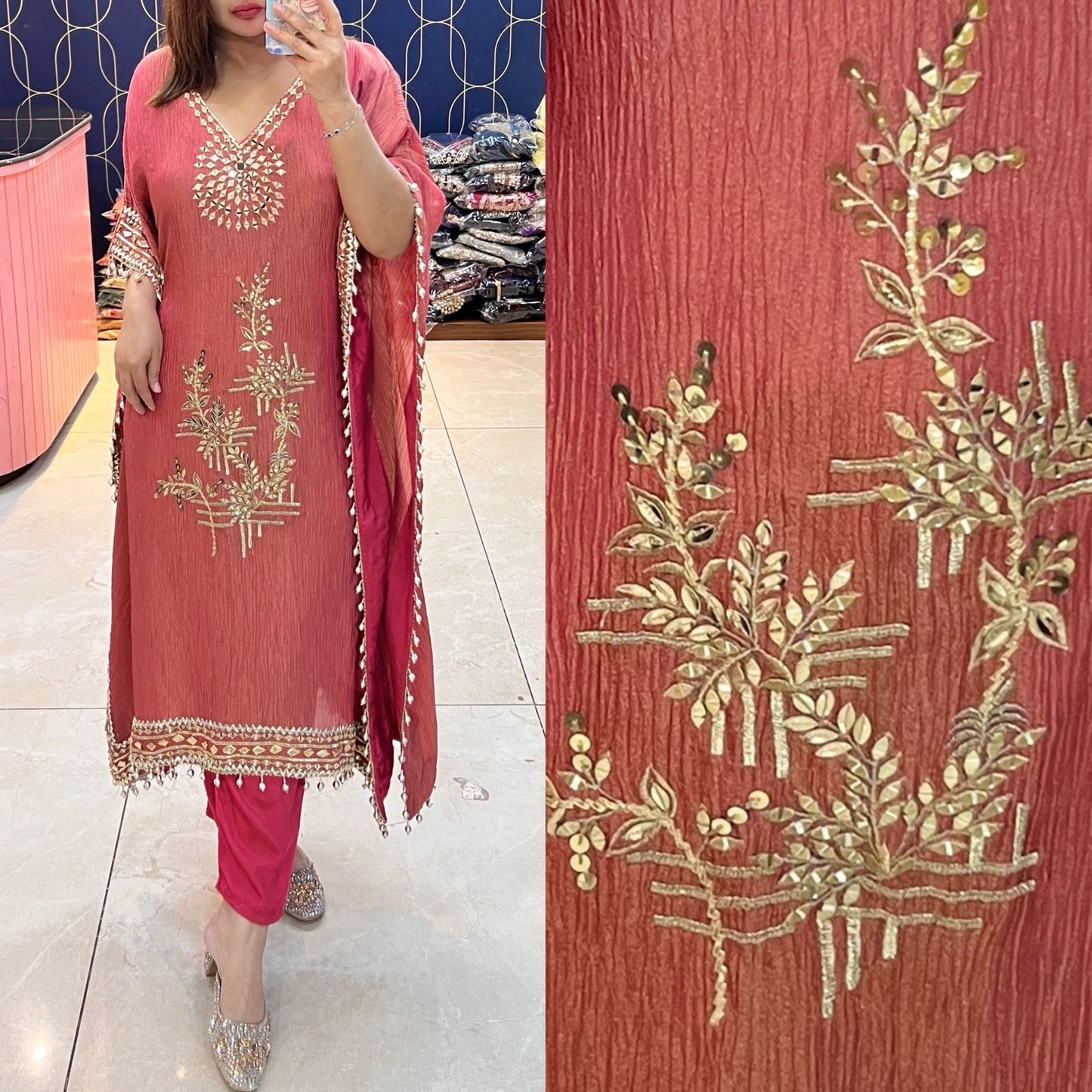 Article 1470 – Crush Tissue Kaftan With Real Mirror Embroidery & Straight Pant