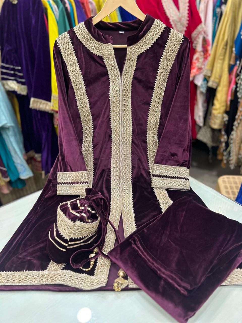 Article 1114 – Suede Fabric Potli Cordset | Premium Suede Cordset with Lace Highlighting