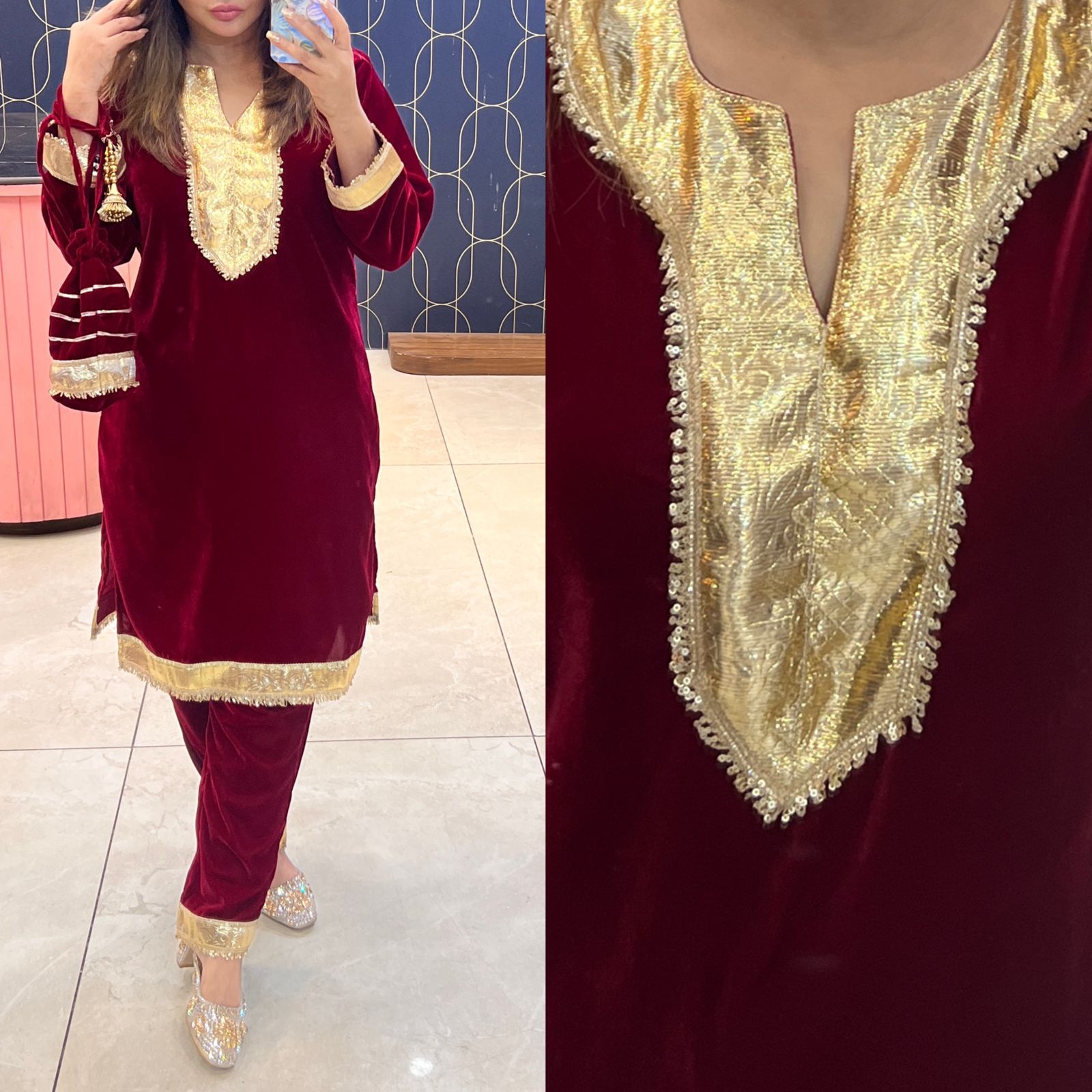 Article 1089 – Velvet Cord Set with Potli | Premium Velvet Gota Work Set (Sizes 40–46)