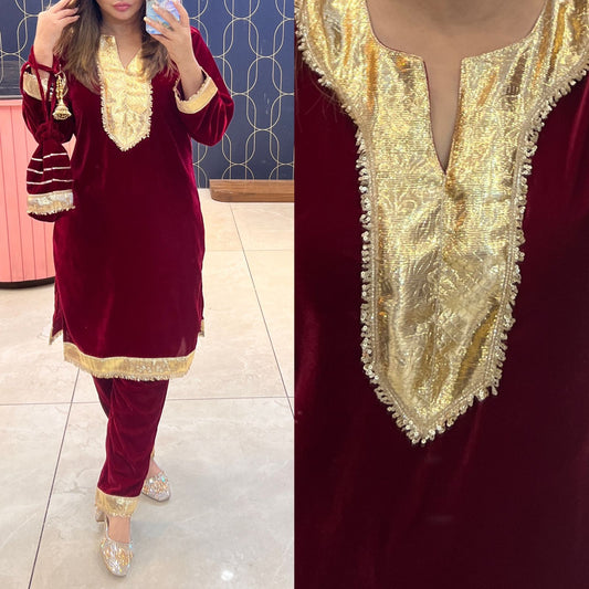 Article 1089 – Velvet Cord Set with Potli | Premium Velvet Gota Work Set (Sizes 40–46)