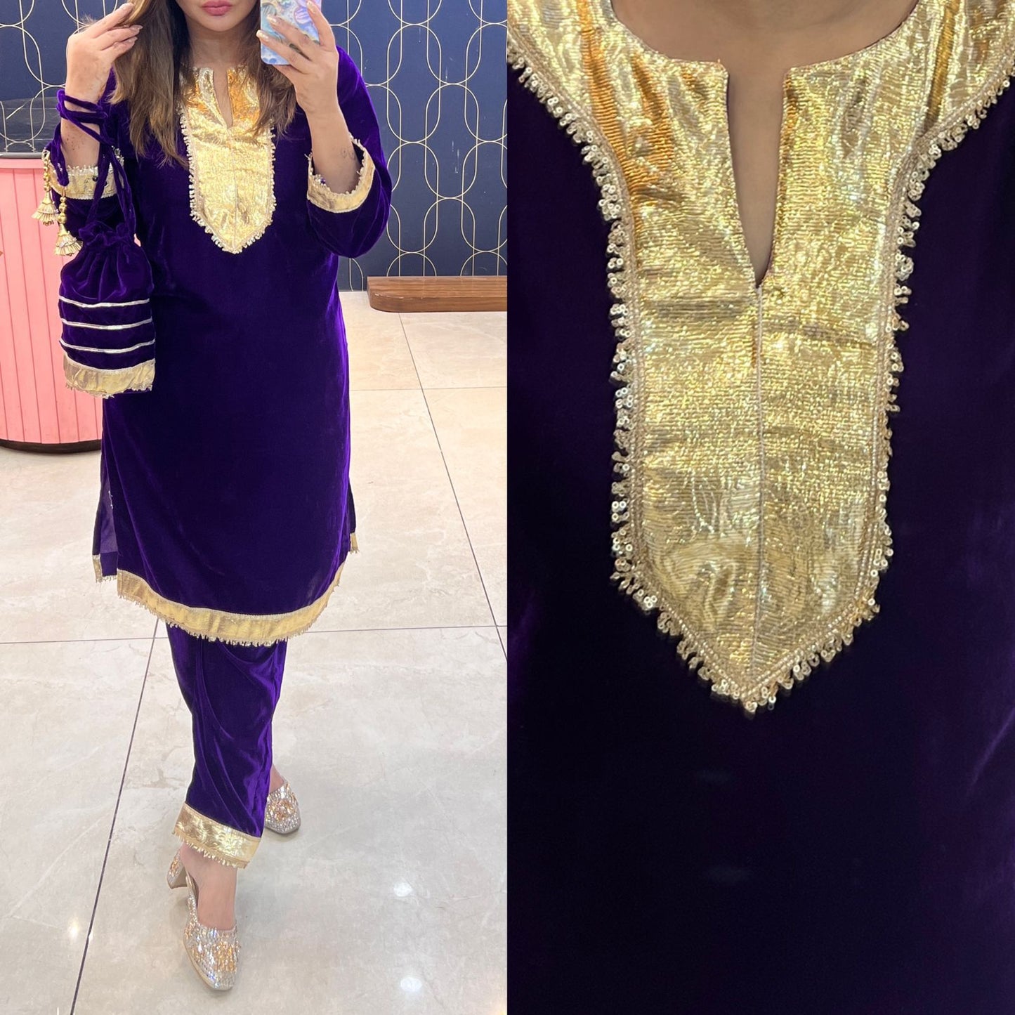 Article 1089 – Velvet Cord Set with Potli | Premium Velvet Gota Work Set (Sizes 40–46)