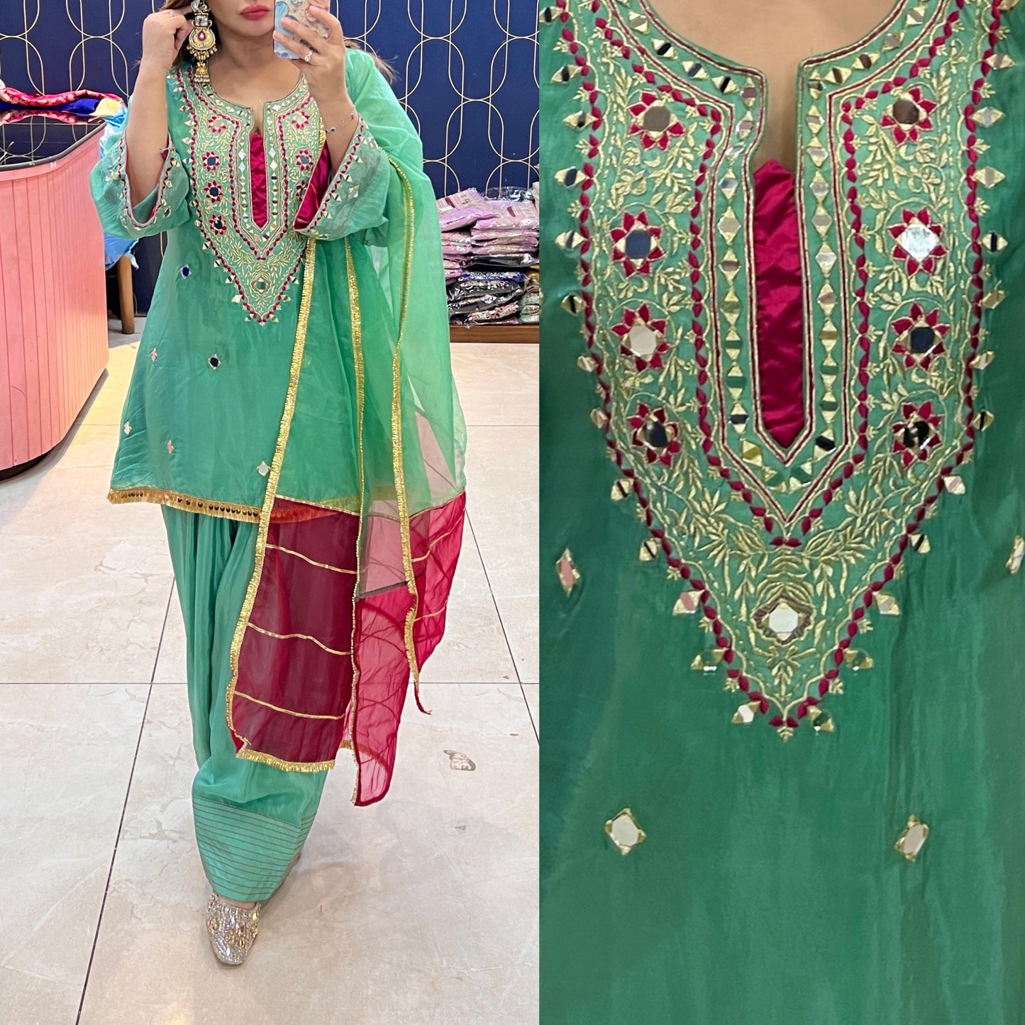 Article 1911 – Pure Crepe Farshi Salwar Suit With Two-Tone Organza Dupatta & Mirror Work