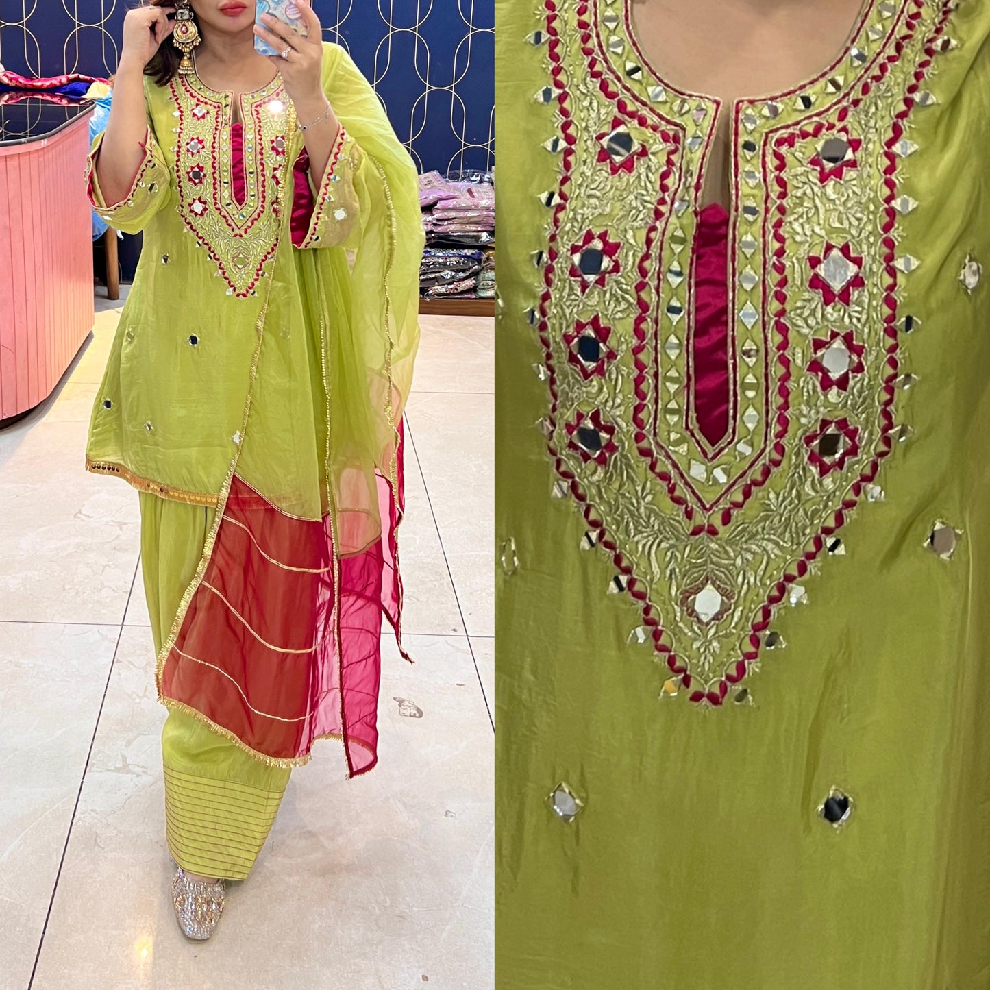 Article 1911 – Pure Crepe Farshi Salwar Suit With Two-Tone Organza Dupatta & Mirror Work