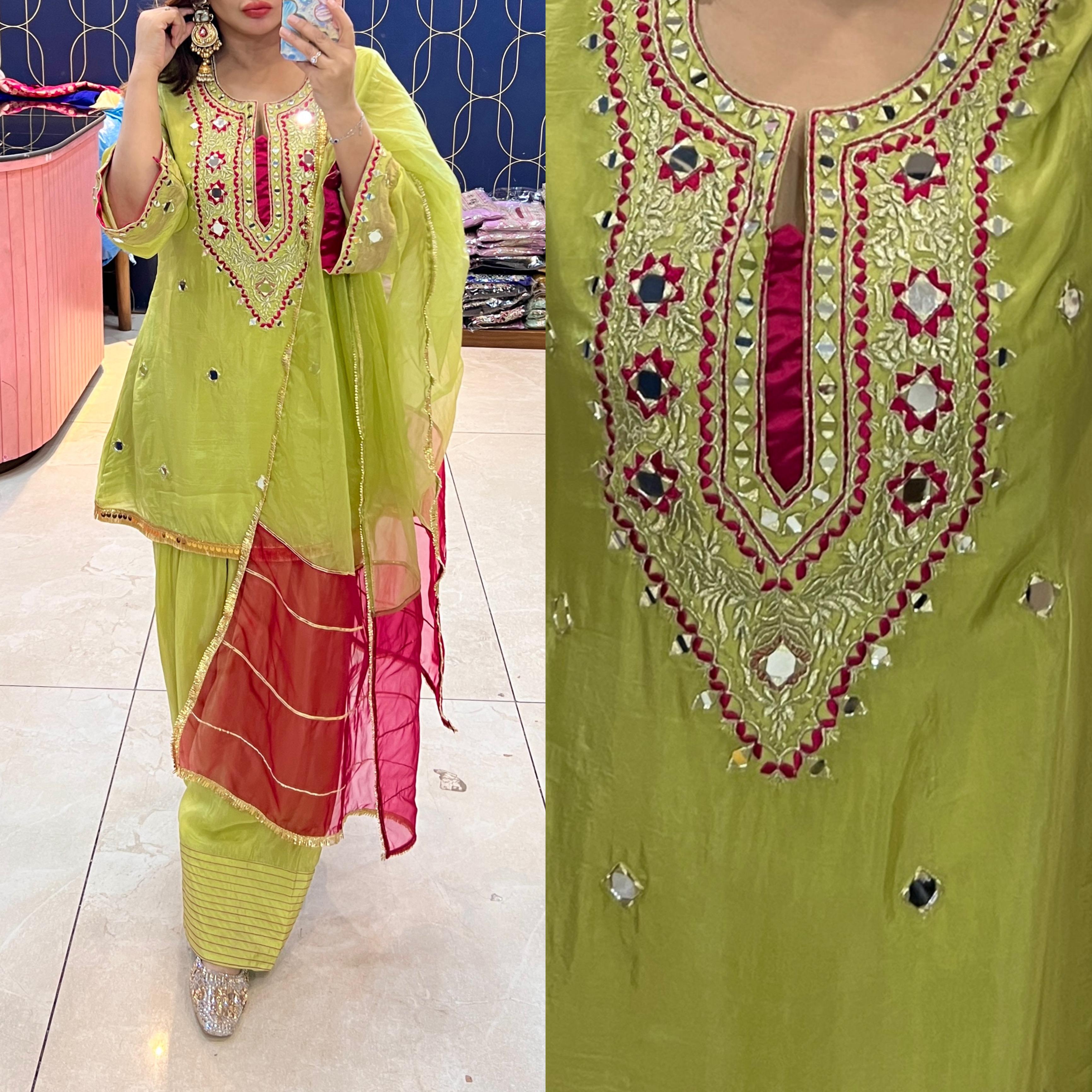 Article 1911 – Pure Crepe Farshi Salwar Suit With Two-Tone Organza Dupatta & Mirror Work