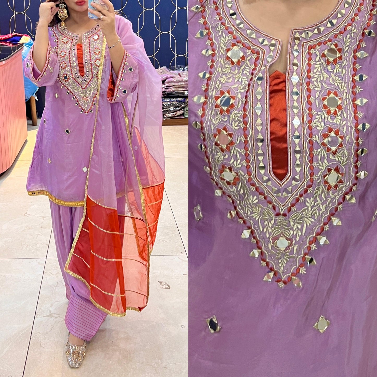 Article 1911 – Pure Crepe Farshi Salwar Suit With Two-Tone Organza Dupatta & Mirror Work