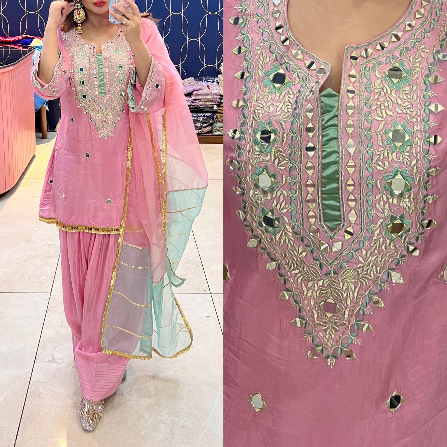 Article 1911 – Pure Crepe Farshi Salwar Suit With Two-Tone Organza Dupatta & Mirror Work