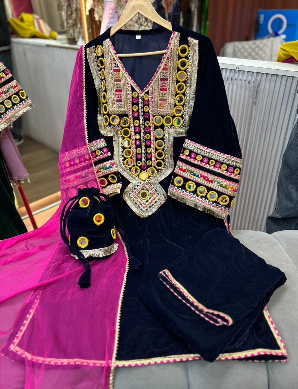 Article 1949 – Premium Velvet Choga Set with Real Mirror Work & Matching Potli | Sizes 38–46