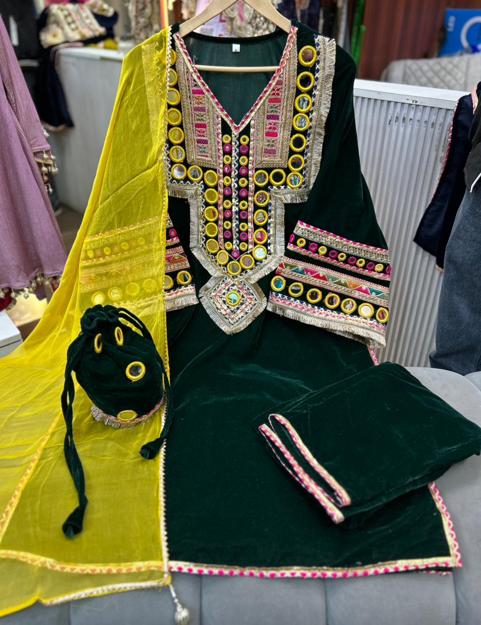 Article 1949 – Premium Velvet Choga Set with Real Mirror Work & Matching Potli | Sizes 38–46